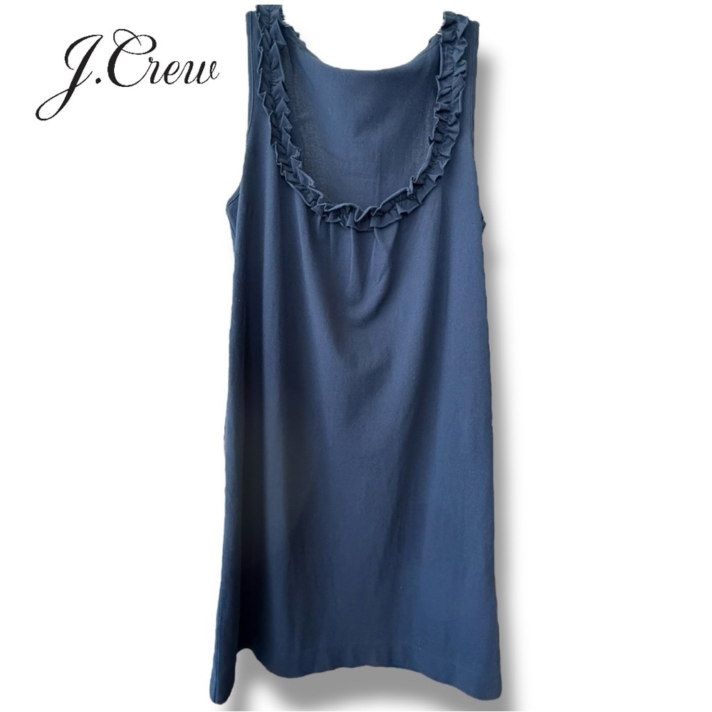 J. Crew Cotton Pique Knit Navy Shift Dress Sleeveless w/ Ruffle Neckline | Sz L